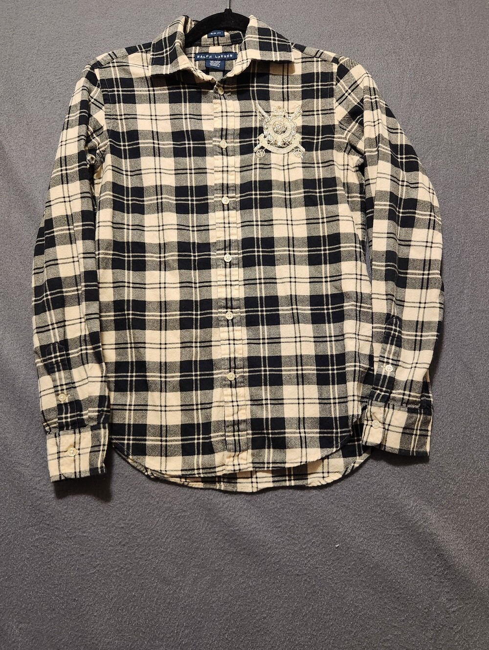 Ralph Lauren Button Up Women Size 6 Black & White Exquisite Woven Plaid Crest